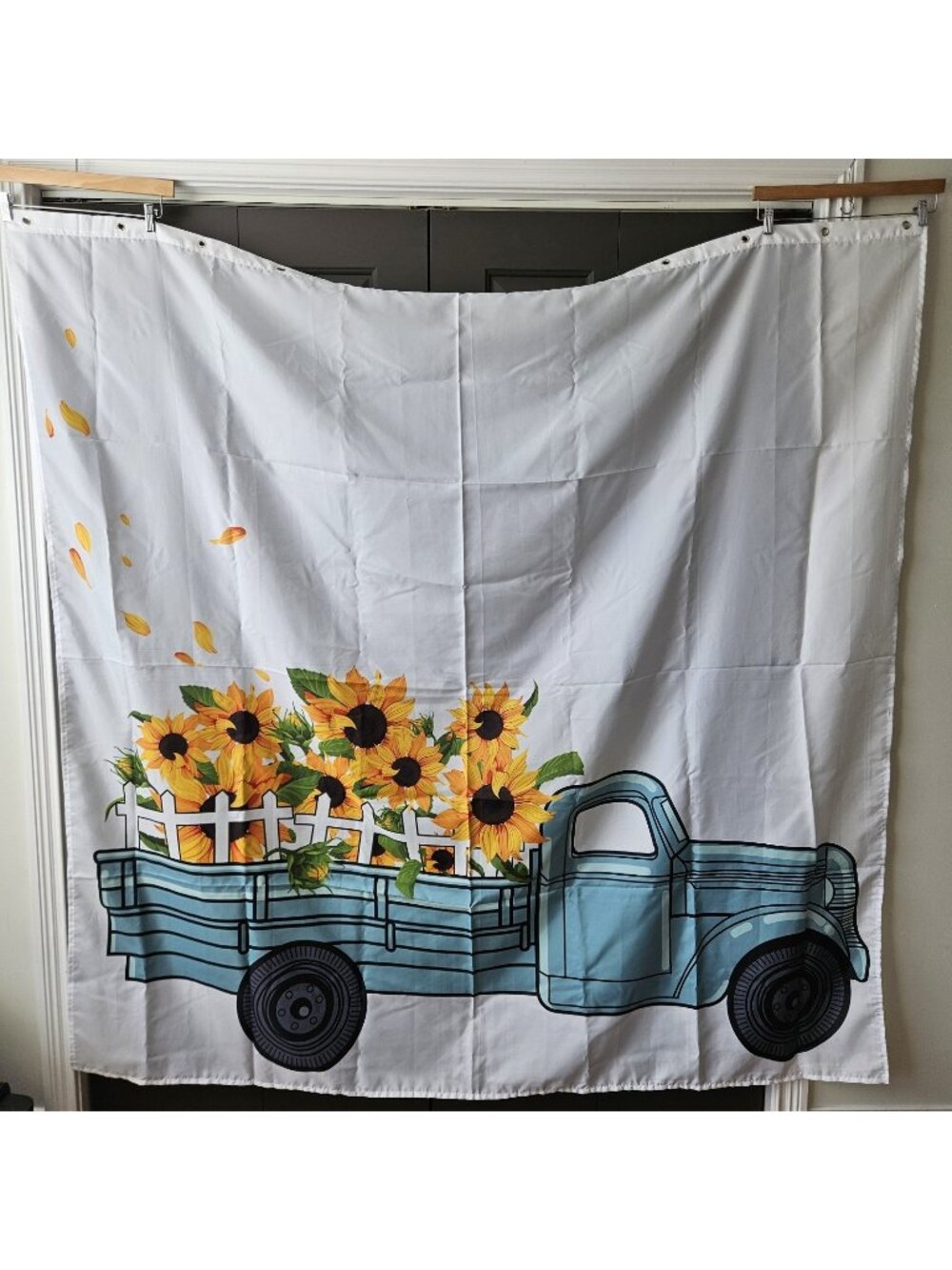 Blue Vintage Farm Truck Yellow Sunflower Shower Curtain Bathroom 72x72 Farmhouse
